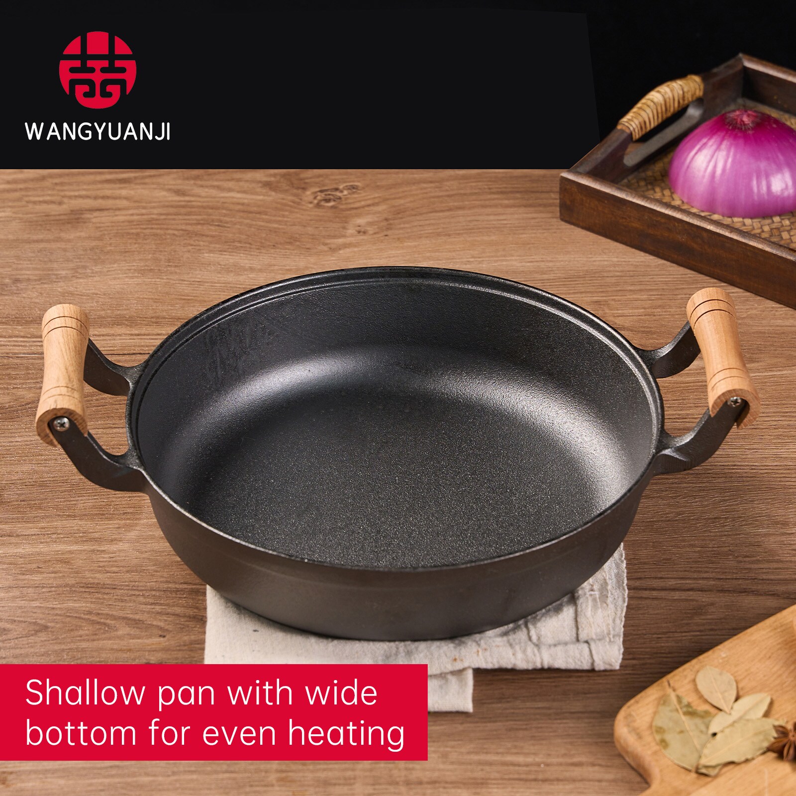 WANGYUANJI 11.8"Pancake Griddle With Wooden Handle, Cast Iron Skillet, Uncoated Pan For Home, Thickened Non-Stick Skillet, Multi-Purpose Skillet With Wire Balls_voghion.com
